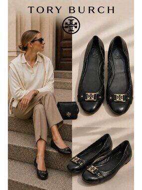 Tory Burch Reva Ballet Flats Black Leather Gold Logo Elastic Comfort Shoes 11 M